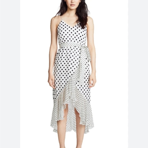 Alice and Olivia Mable Midlength Ruffle Mock Wrap Dress Polka Dot Black White 6 - Picture 1 of 15